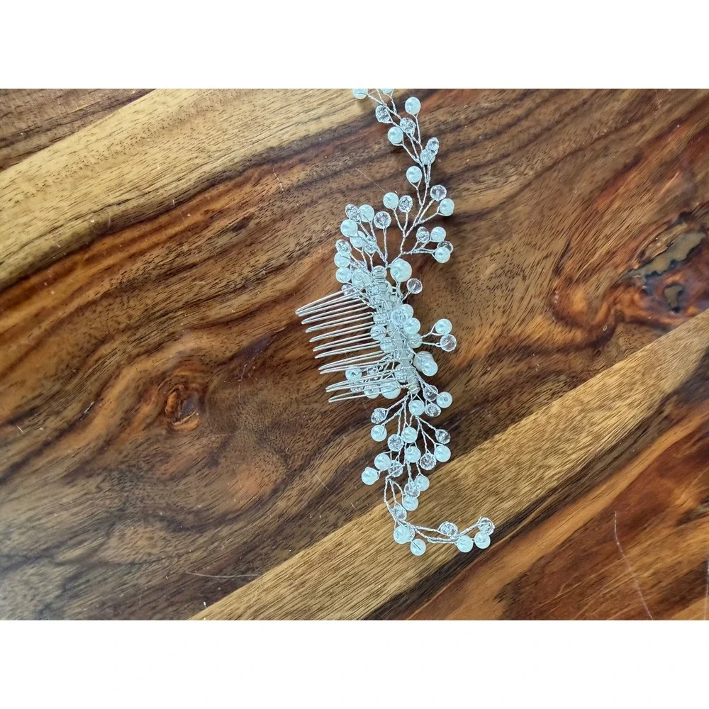 Silver Tone Bridal‎ Hair Comb Faux Pearl Crystal Vine Wedding Headpiece 7 Inch